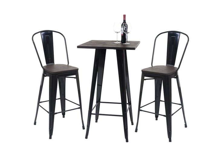 Ensemble table haute 60 x 60 cm + 2 tabourets de bar en métal et bois