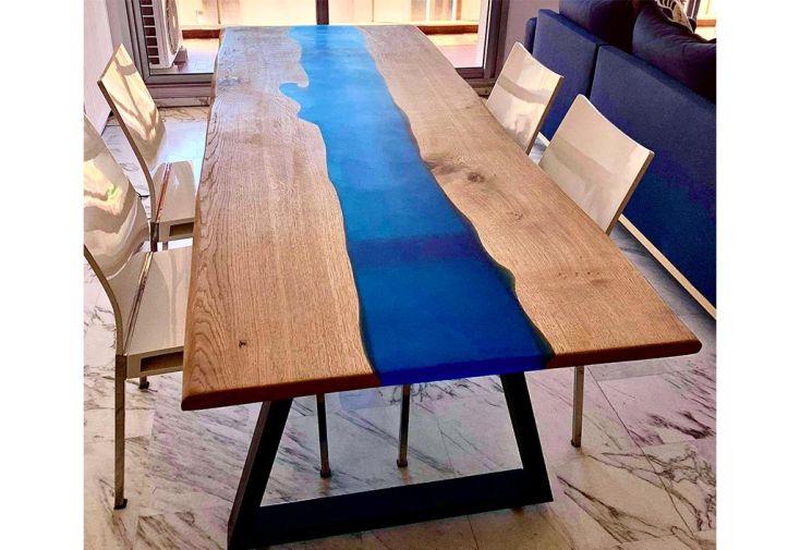 Table à Manger en Bois de Chêne et Résine Époxy Bleu Marine 180 cm 