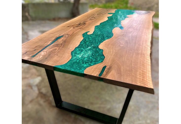 Table à Manger en Bois de Noyer et Résine Époxy Vert Émeraude 200 cm