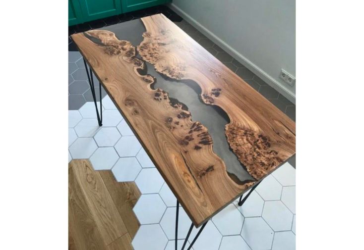 Table à Manger en Bois de Noyer et Résine Époxy Grise 180 x 80 cm