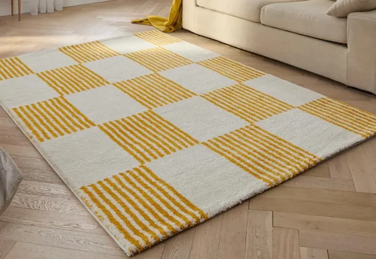 Tapis vintage rectangulaire jaune rayé – Groovy 
