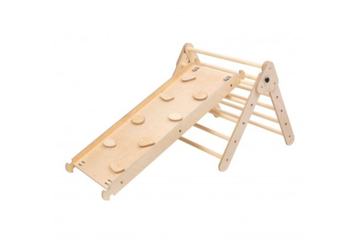 Triangle d’activité Montessori en bois avec mur d’escalade - 120 x 72 x 62 cm