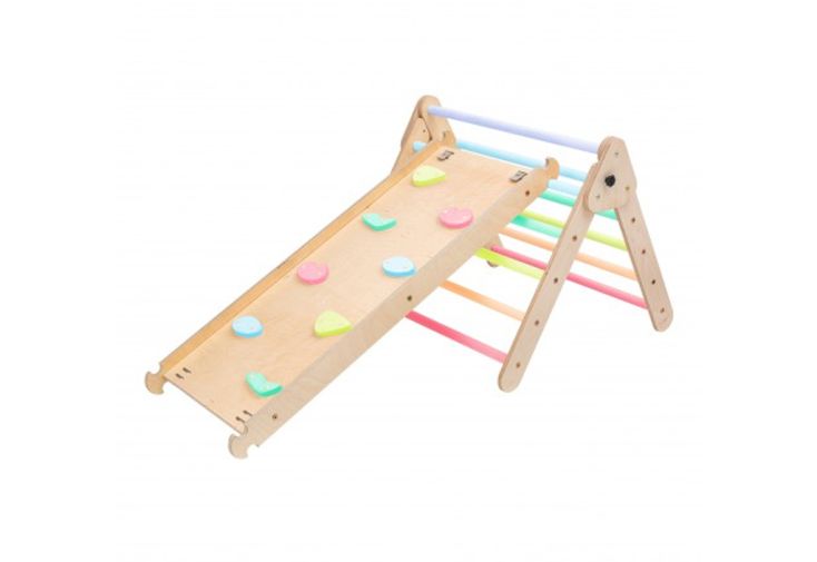 Triangle d’activité avec mur d’escalade et échelle Montessori - 120 x 72 x 62 cm