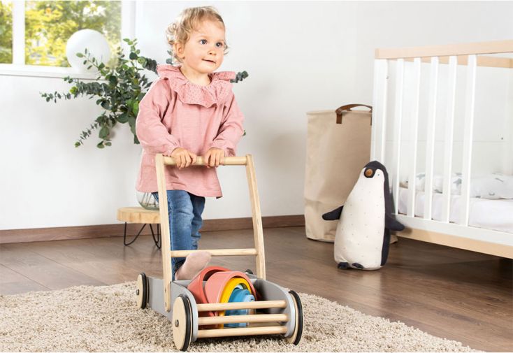 2 en 1 Trotteur Pousseur Enfant Chariot Enfant en Bois Chariot de