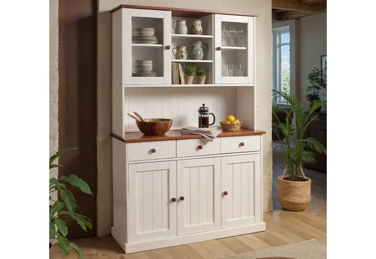 Vaisselier blanc en bois massif 5 portes 3 tiroirs - L.131cm H.190cm