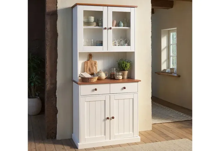 Vaisselier blanc en bois massif 4 portes 2 tiroirs - L.90cm H.190cm
