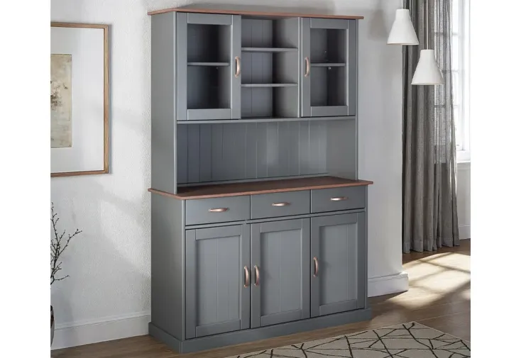 Vaisselier en bois massif 5 portes 3 tiroirs - Gris et sépia