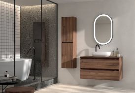 ensemble de salle de bain en bois mélaminé avec colonne, meuble, vasque et miroir