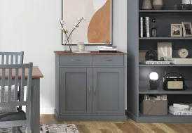Buffet bas de salon en bois massif 2 portes 2 tiroirs gris et sépia