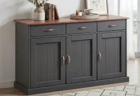 Buffet bas de salon en bois massif 3 portes 3 tiroirs gris et sépia