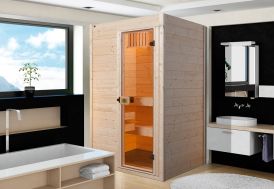 sauna cabine en bois dans une pièce