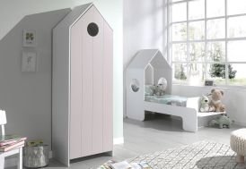 Chambre enfant en bois avec lit cabane 70 x 140 cm et armoire rose Vipack