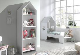 Chambre enfant en bois blanc avec lit cabane 70 x 140 et bibliothèque