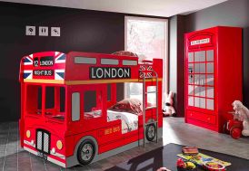 Chambre enfant London en bois rouge : lit superposé bus et armoire cabine téléphonique