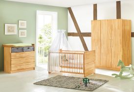 Chambre pour enfant évolutive en bois de hêtre massif : lit, armoire, commode à langer