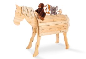 Cheval en bois avec peluches