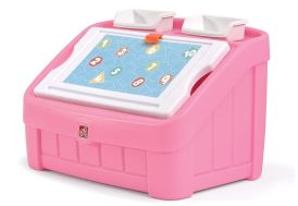 coffre à jouet en plastique rose avec table à dessin 