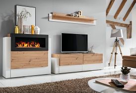 meuble tv en bois clair et blanc + cheminée bioéthanol