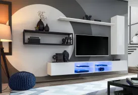 Ensemble meuble TV suspendu blanc bois et métal : étagères et armoire