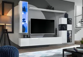 Ensemble meuble TV suspendu bois blanc et métal : étagères, placards, vitrine