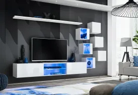 Ensemble meuble TV suspendu bois blanc : armoires murales et étagère