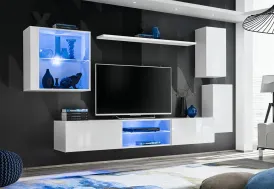 Ensemble meuble TV suspendu en bois blanc : armoires, vitrine et étagère