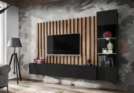 Ensemble meuble TV suspendu bois noir 180 cm : vitrine, parement