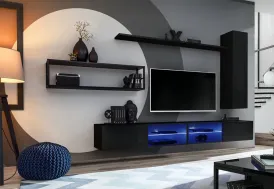 Ensemble meuble TV suspendu noir bois et métal : étagères et armoire