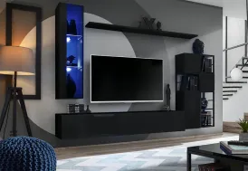 Ensemble meuble TV suspendu bois noir et métal : étagères, placards, vitrine