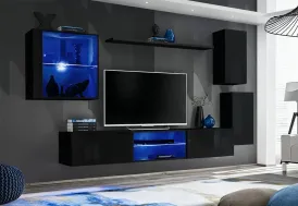 Ensemble meuble TV suspendu en bois noir : armoires, vitrine et étagère