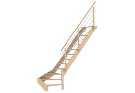 Escalier 1/4 tournant bas à droite en bois de hêtre brut 290 cm avec garde-corps métal et bois