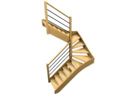 Rampe 3 lisses en bois et en métal pour escalier double quart tournant