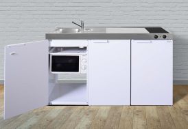 Kitchenette pour studio en métal blanc avec plaque de cuisson, réfrigérateur, évier et micro-ondes