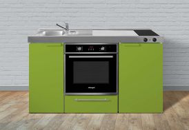 Kitchenette en métal vert pomme avec four, frigo et plaques vitrocéramiques