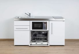Kitchenette blanche équipée 160 cm avec lave-vaisselle, micro-ondes, frigo et plaques de cuisson