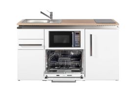 Kitchenette Stengel blanche avec plateau chêne et électroménager intégré