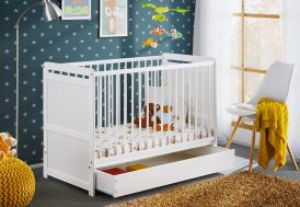 Lit Bébé Évolutif en Bois avec Matelas et Tiroir ASM Meble Tymek Plus Blanc Tiroir Ouvert