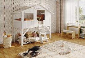 Lit mezzanine pour enfants en bois brut