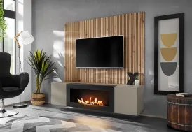 Meuble TV suspendu en bois 160 cm + biocheminée et panneau - Xari LK2