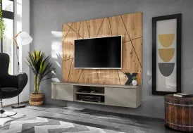 Meuble TV suspendu en bois 160 cm avec panneau mural - Xari G2