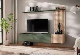 Meuble TV suspendu en bois 180 cm avec panneau mural et étagère
