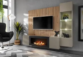 Meuble TV suspendu en bois 200 cm + biocheminée et vitrine - Xari LK