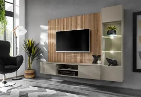 Meuble TV suspendu en bois 200 cm + panneau mural et vitrine - Xari L