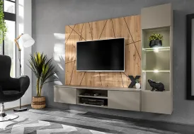 Meuble TV suspendu en bois 200 cm + vitrine et panneau mural - Xari G