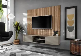 Meuble TV suspendu en bois 160 cm avec panneau mural - Xari L2