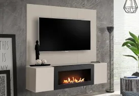 Meuble TV suspendu en bois beige 160 cm + biocheminée et panneau - Fly B