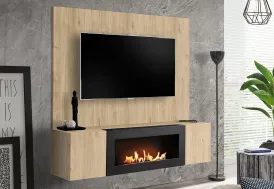 Meuble TV suspendu en bois clair 160 cm + biocheminée et panneau - Fly B