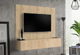 Meuble TV suspendu en bois clair 160 cm + panneau mural - Fly B