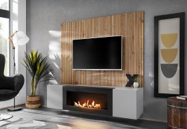 Meuble TV en bois + parement mural et foyer bioéthanol – Xari