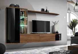 Meuble TV en bois avec étagères et vitrine